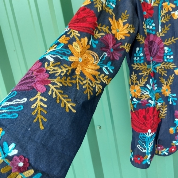 Women's Colorful Blue Floral Embroidered Jacket Size Small Embroidery Boho - Picture 4 of 11